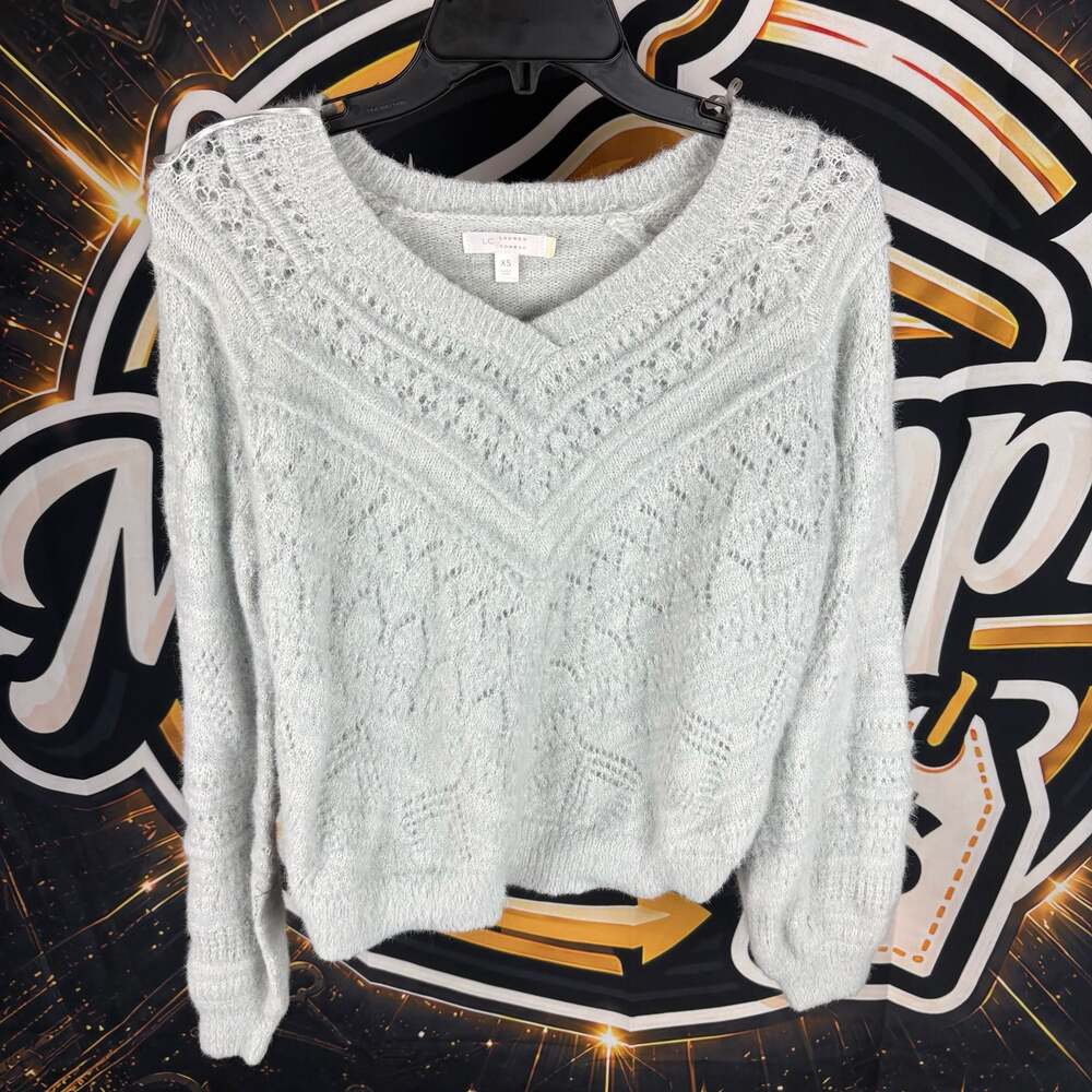 LC Lauren Conrad Gray Fuzzy V-neck Pointelle Chevron Long Sleeve Sweater Top S
